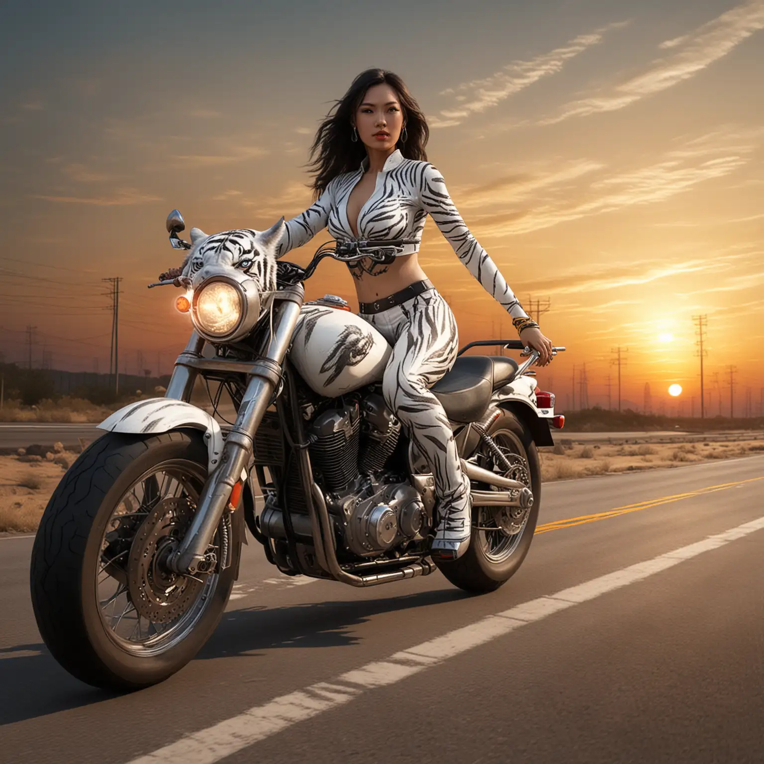 photo realistic, full body. asian woman, body painted as a white tiger, human head, riding a real chopper motorcycle, interstate lane, panoramic road, sunset
