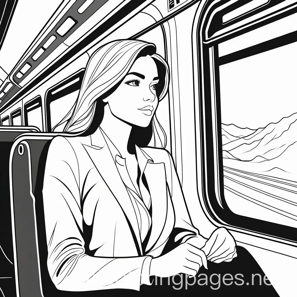 Beautiful girl inside a fast train, Coloring Page, black and white, line art, white background, Simplicity, Ample White Space. The background of the coloring page is plain white to make it easy for young children to color within the lines. The outlines of all the subjects are easy to distinguish, making it simple for kids to color without too much difficulty