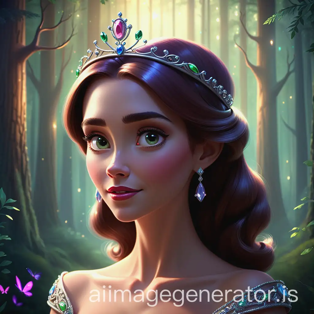 Elegant woman with jeweled tiara, soft ambient lighting, Disney Pixar style animation, majestic forest background. Reflects high-quality craftsmanship.