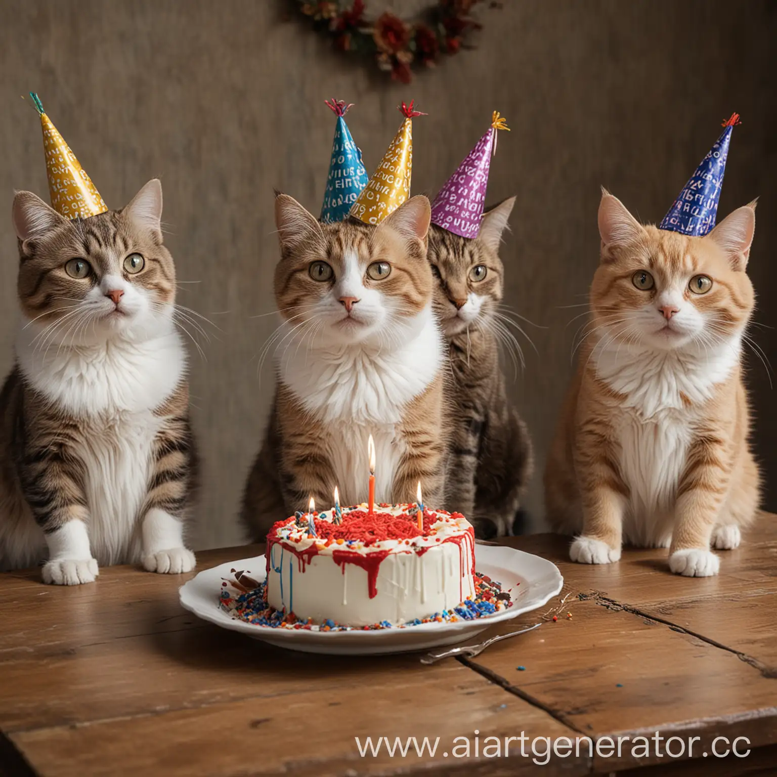 4 кота сидят за столом и отмечают день рождения