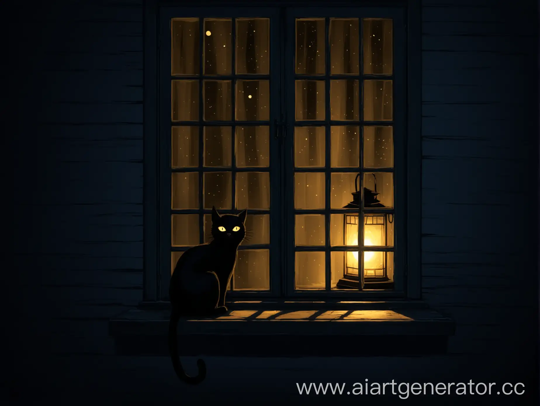 Черная кошка сидит на подоконнике, на улице ночь, свет от фонаря светит в темное помещение, что-то страшное лезет к окну