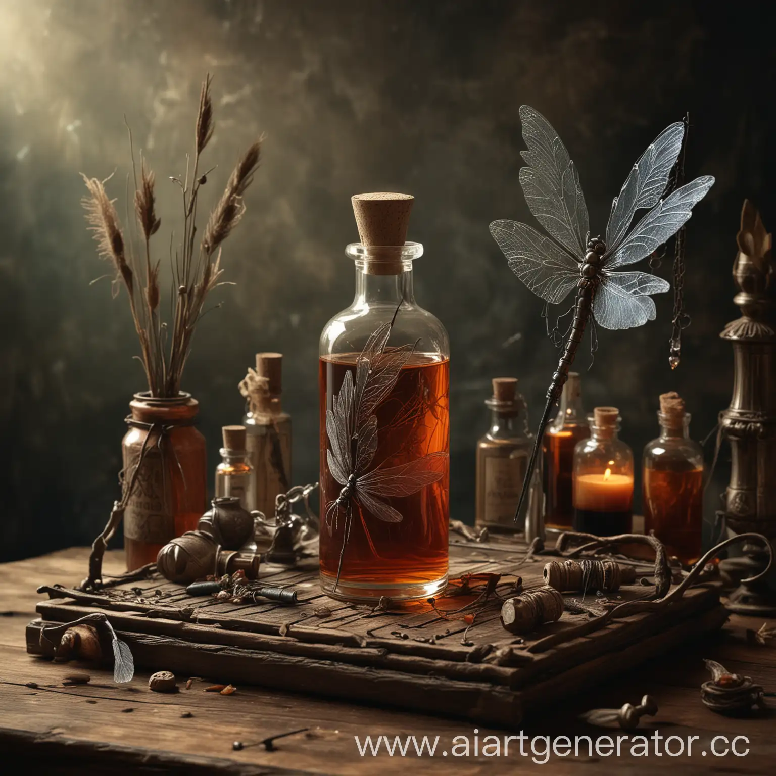 magic elixir elegance bottle with dragonfly wings on rack on table with witch stuff. fantasy,
fine oil art. dariusz zawadzki style. hyperdetalization. view from side,