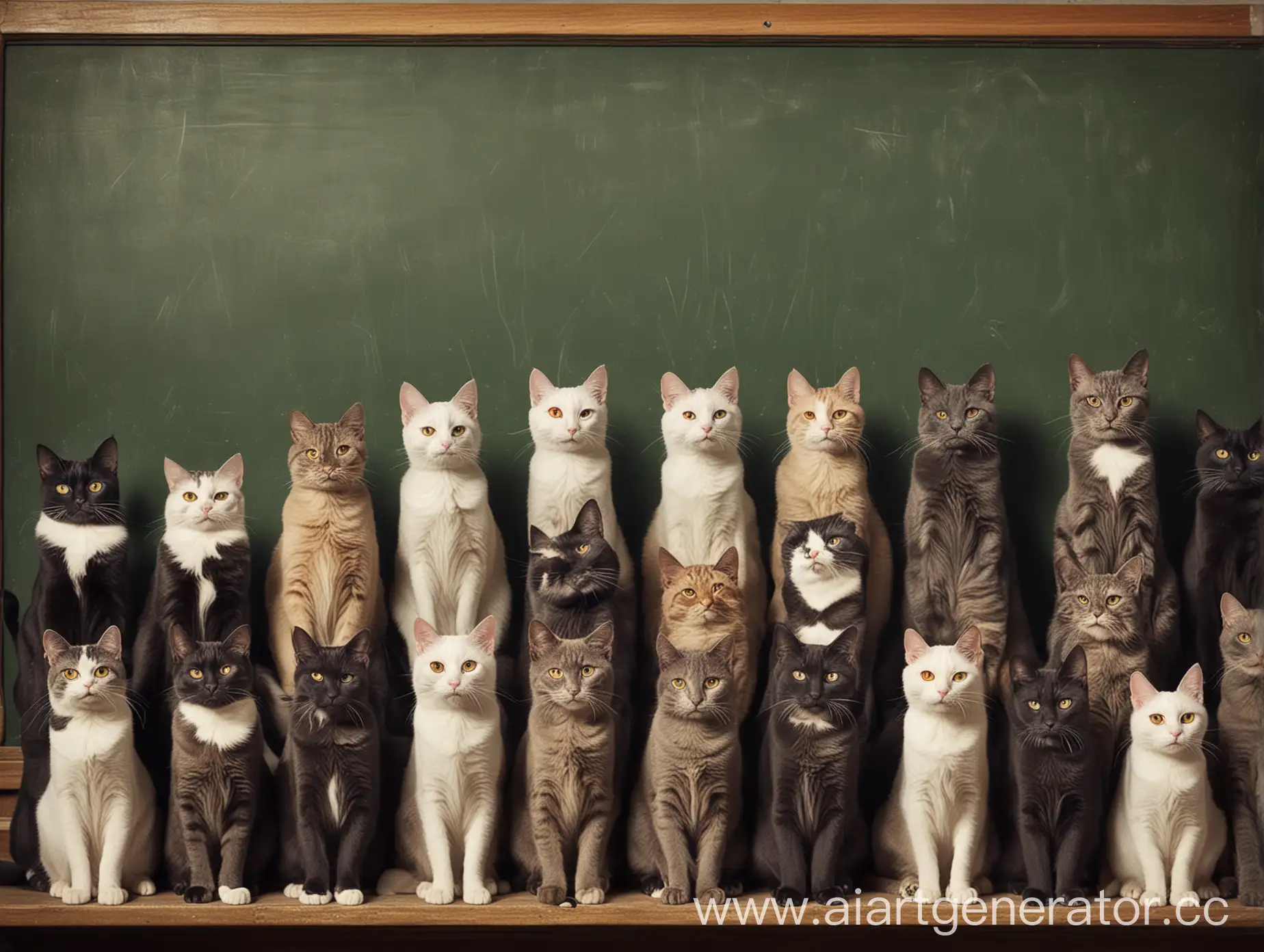 lo-fi коты учителя. 11 котов на расстоянии друг от друга на фоне школьной доски