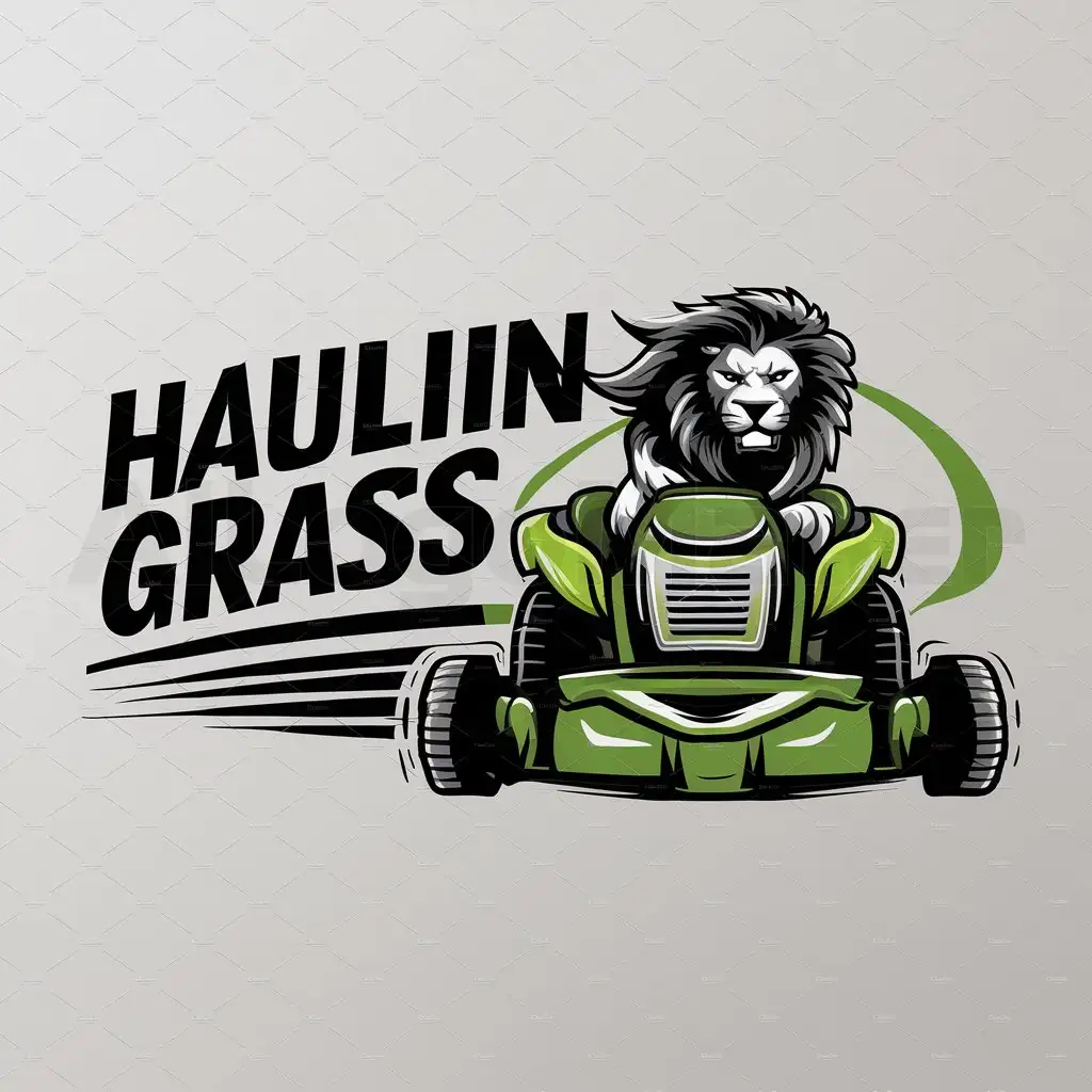 a logo design,with the text "Haulin Grass", main symbol:a lion on a Zero turn lawn mower fast,Moderate,be used in Others industry,clear background