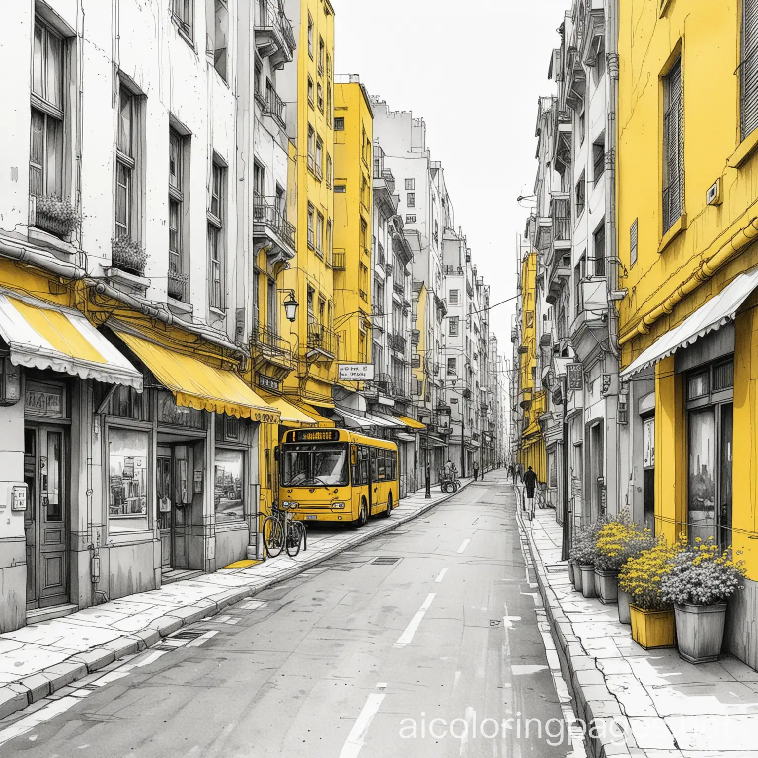 City-Scene-Ink-Drawing-in-Yellow-and-Grey-Coloring-Page