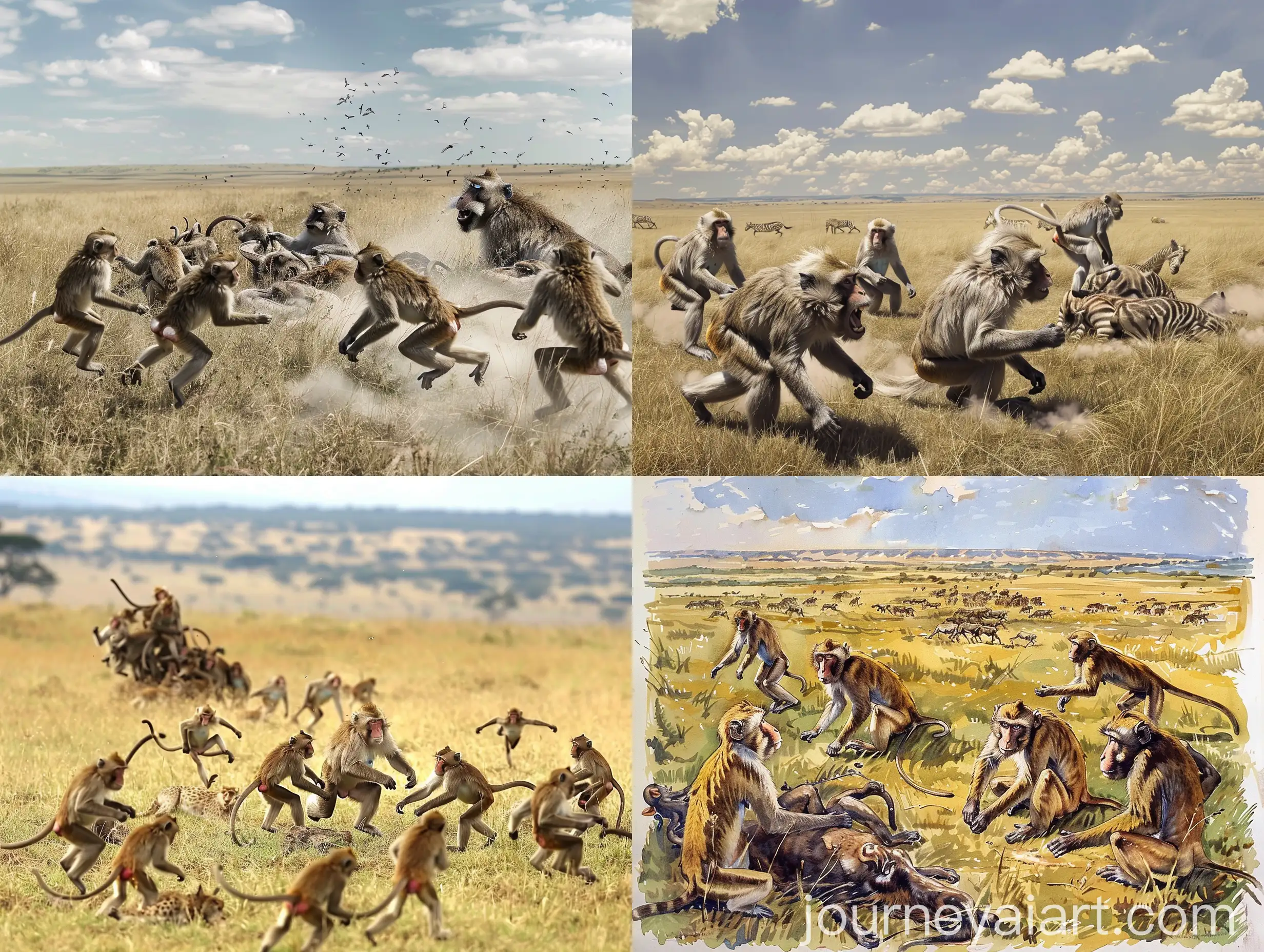 Group-of-Monkeys-Encircling-Wild-Game-on-the-Plains