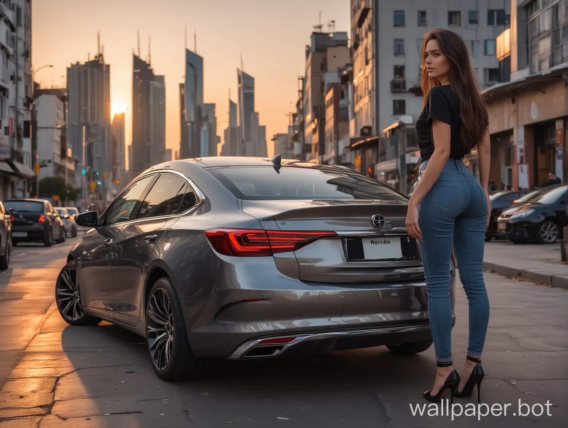 Darkhaired-Woman-in-Black-TShirt-by-Grey-Opel-Insignia-GrandSport-in-Futuristic-Sunset-Cityscape