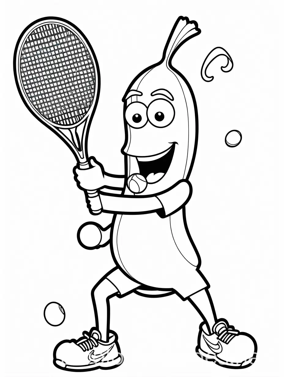 banana playing tennis, Coloring Page, black and white, line art, white background, Simplicity, Ample White Space. The background of the coloring page is plain white to make it easy for young children to color within the lines. The outlines of all the subjects are easy to distinguish, making it simple for kids to color without too much difficulty