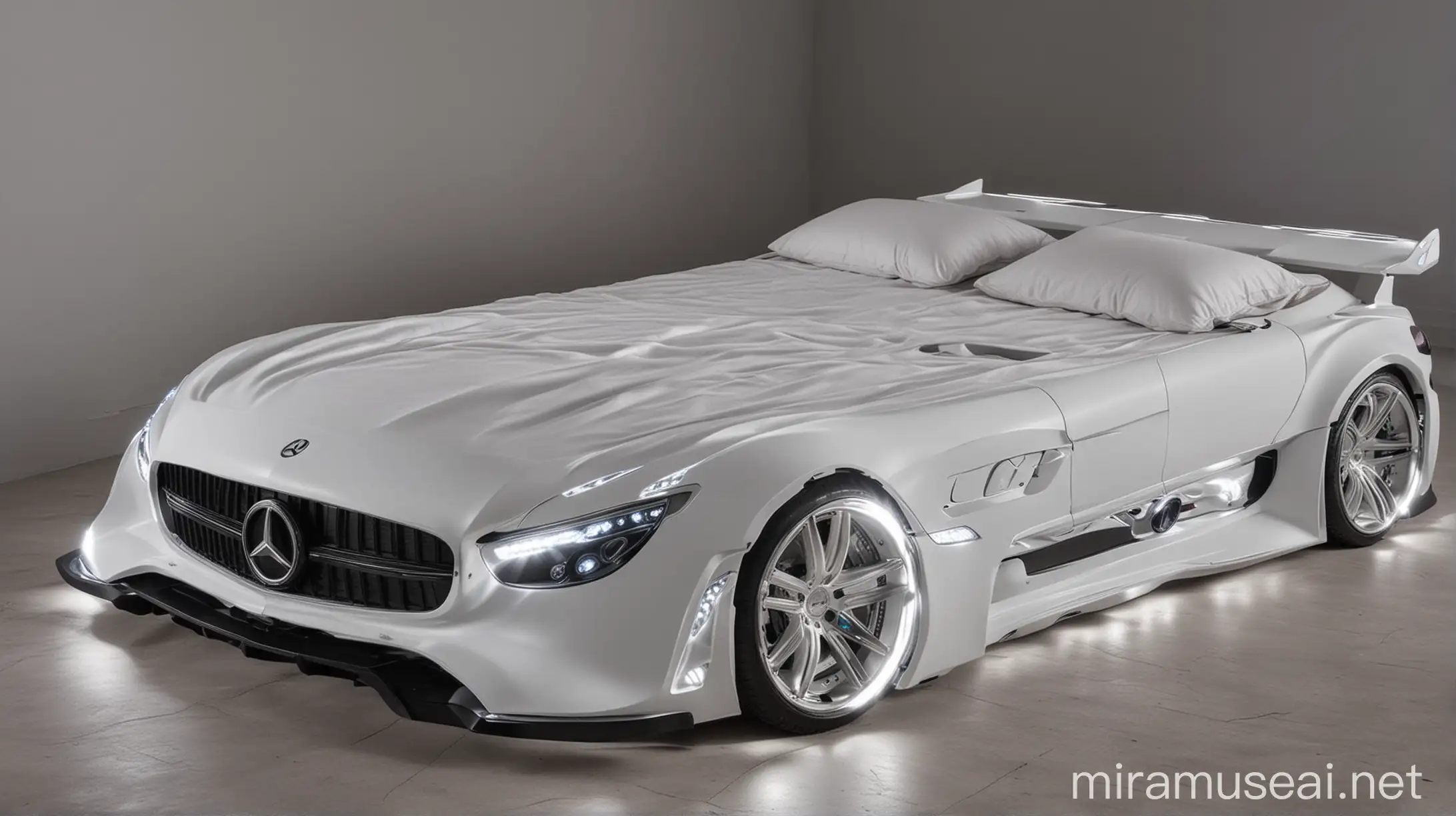 Double bed in the shape of a Mercedes amg car with headlights on