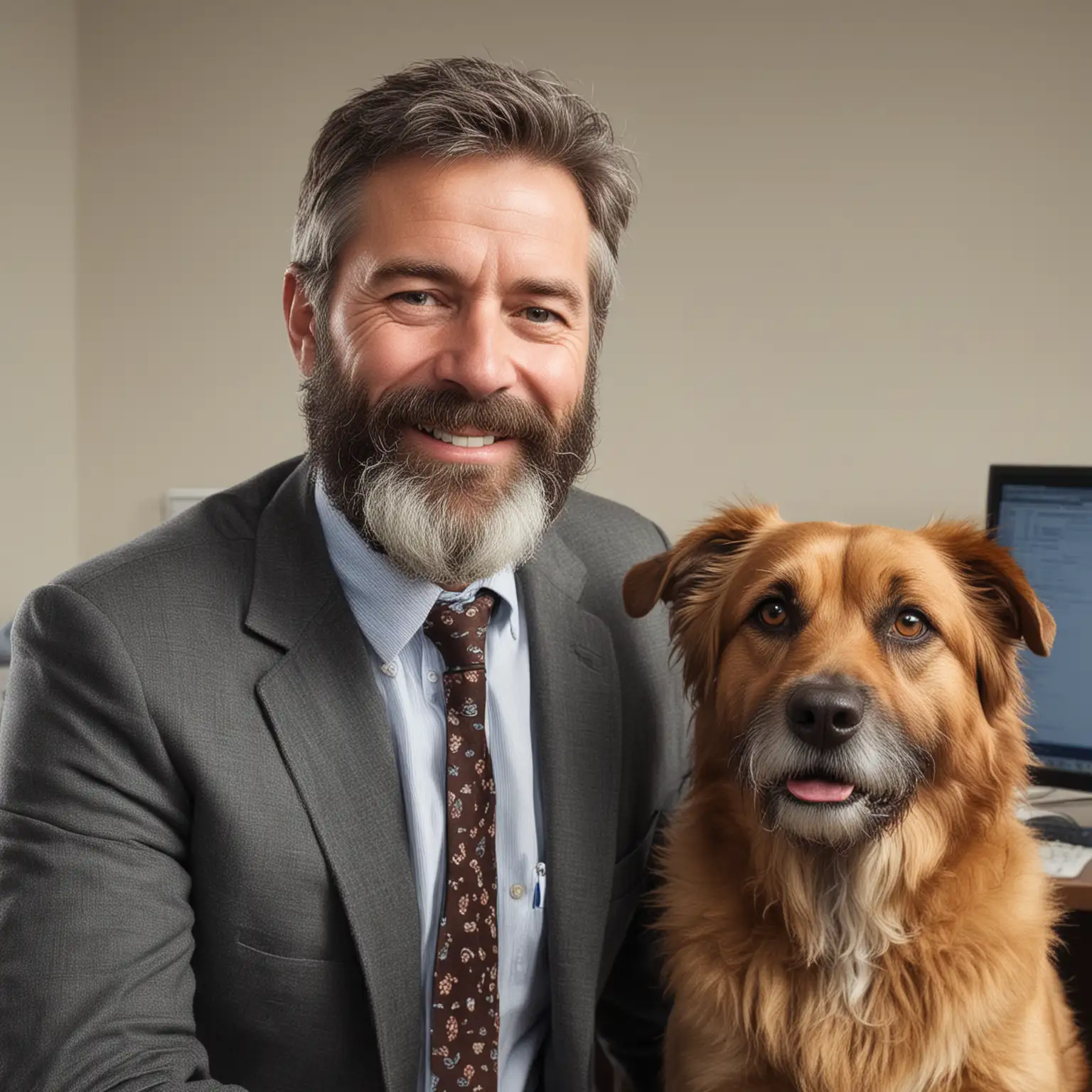 Friendly FiftySomething Man with Beard in Office Setting with Dog