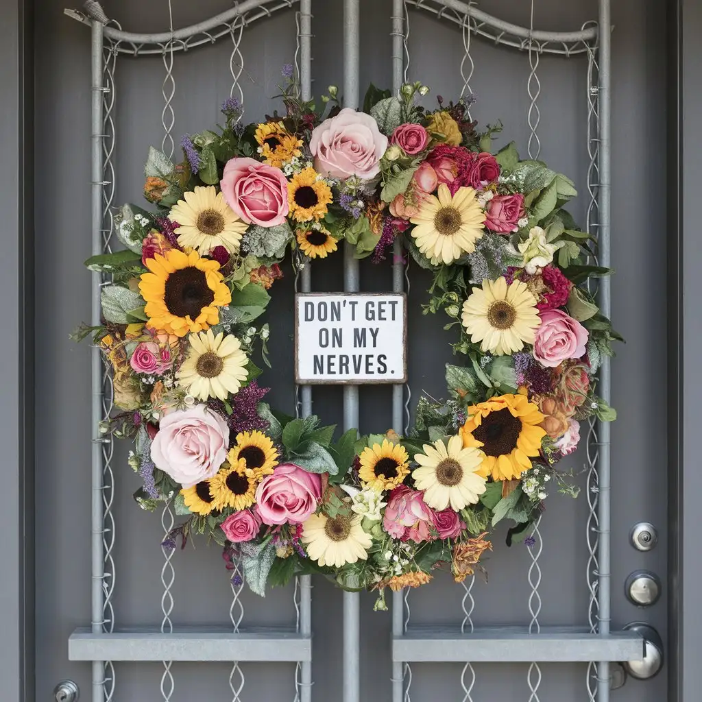 Floral-Wreath-Decoration-on-Secure-Door-with-Humorous-Sign