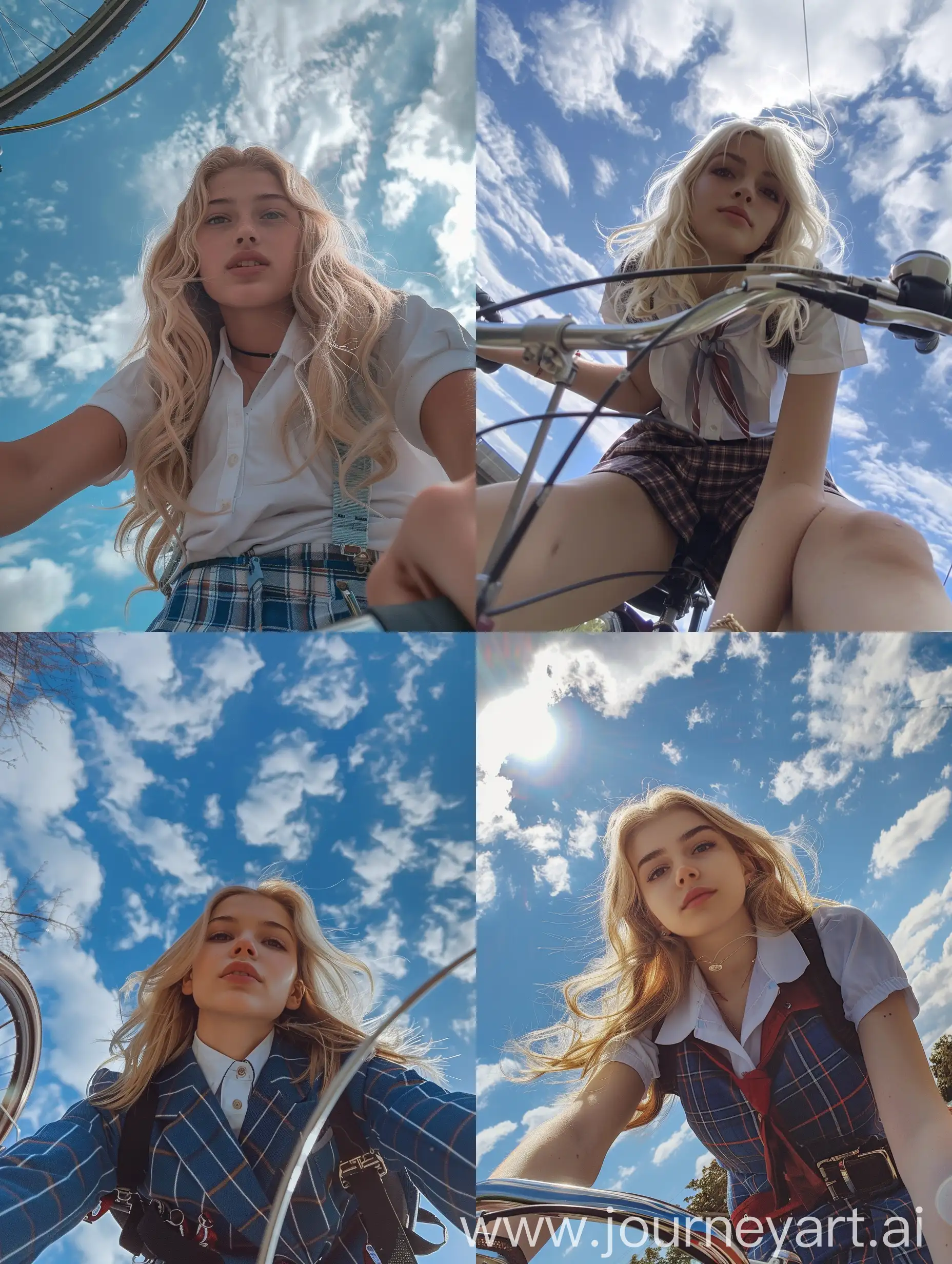 Blonde-Schoolgirl-Taking-Selfie-on-Bicycle-Under-Sky-View