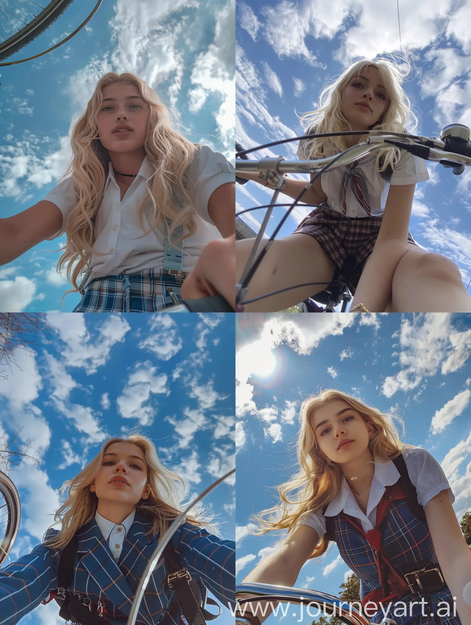 a girl, 22 years old, blonde hair, school uniform, sitting on a bicycle, no effects, selfie , iphone selfie, no filters, natural , iphone photo natural, camera down angle, sky view, down view