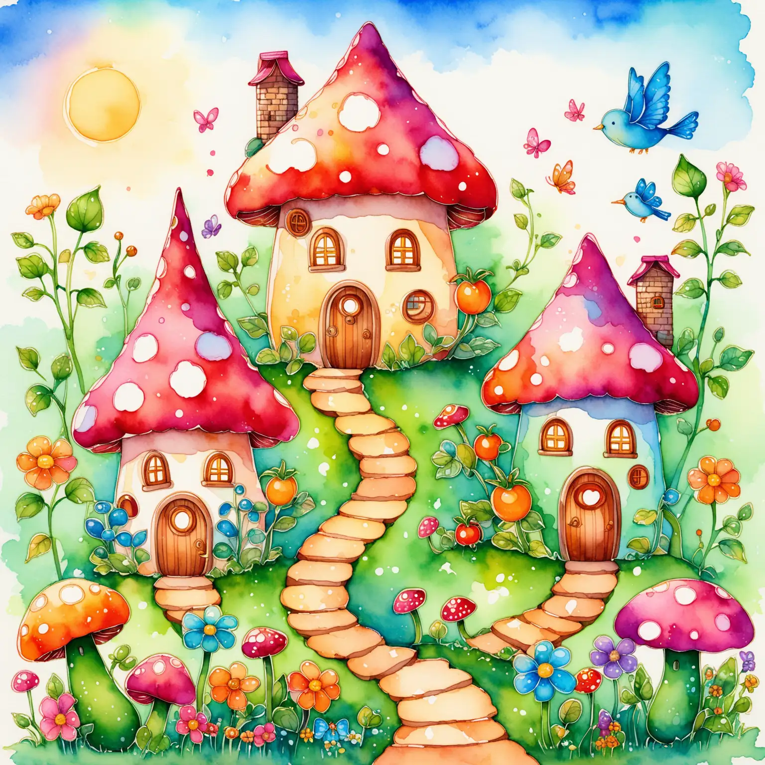 The image depicts three whimsical houses on a garden in a colorful  cartoon-like style, The leftmost house is a mushroom house with a ladder surrounded by flowers and a caterpillar looks out the  window, the middle one is a cucumber house with pink roof and a mouse at a  heart door, a cartoon bunny is watering a garden next to the rightmost house made of a carrot, tomato plant shaped like a house with a bird, mushrooms and butterflies, sunny day, whimsical folk art style, wet watercolor alcohol ink style, hdr-uhd
