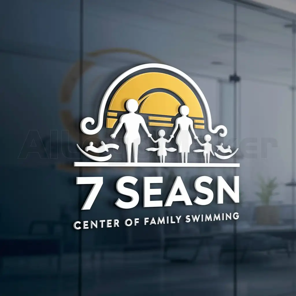 a logo design,with the text "7 seasnCenter of family swimming", main symbol:family and sea,complex,be used in Sports Fitness industry,clear background