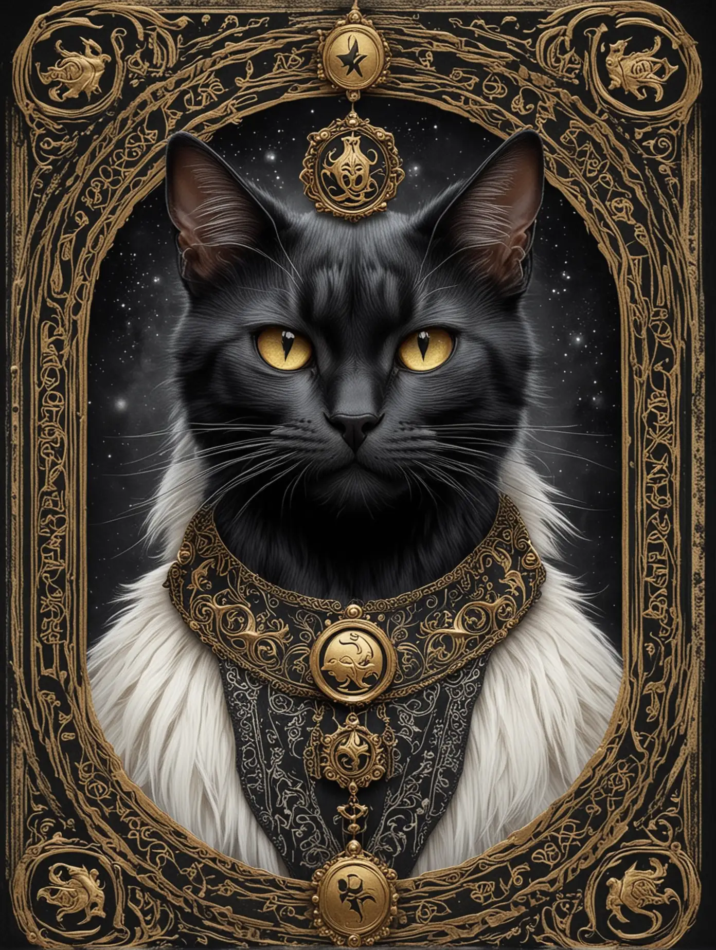 Выскокачественное изображение, мифического существа "Кот Баюн", в славянском стиле, на тему , в виде карты типа таро. Кот должен быть жутким, черный, и с хитрой ухмылкой. кот должен быть крупным