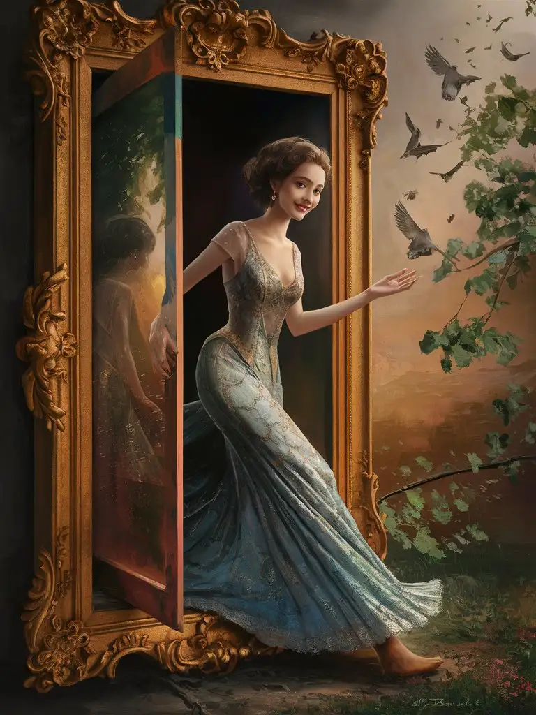 Elegant-Woman-Emerges-from-Painting-in-Surreal-Scene