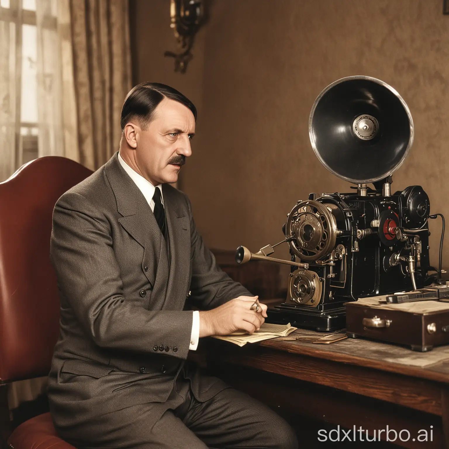 color photo of adolf hitler sitting next to old style grammophone