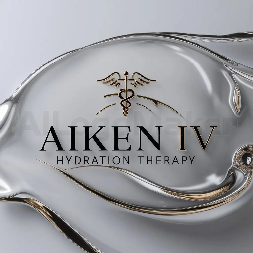 a logo design,with the text "Aiken IV Hydration Therapy", main symbol:a logo design,with the text 'Aiken IV Hydration Therapy', main symbol:Aiken IV Hydration Therapy, Located in a Southern town with a large equestrian community, the logo should reflect the upscale nature of our services and appeal to our target demographic, Incorporate elements of water, IV bags, horses, and the medical caduceus/medical symbol in a cohesive and visually appealing manner, The color scheme should be primarily black and gold, The overall style of the logo should be elegant and sophisticated, in line with our brand image.,Minimalistic,be used in 0 industry,clear background,Moderate,be used in 0 industry,clear background