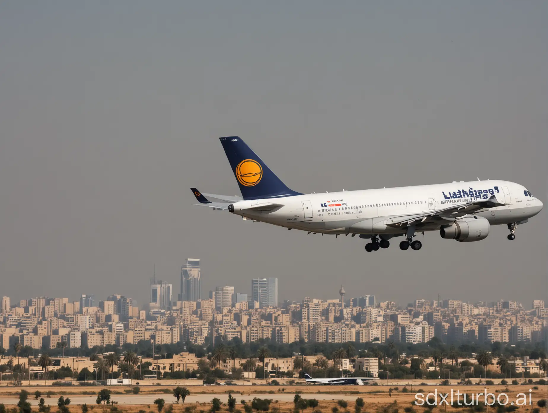 Lufthansa Flugzeug im landeanflug auf den Kairo Flugplatz
