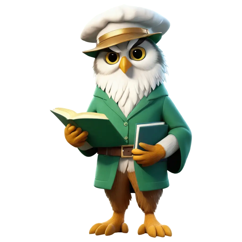 3d realistic muscular male owl with wide chest and big muscles use green and white for the owl feather colors, wearing a  hat and a rob as books author(writer) use violet, gold and white as main clothes colors, holding a feather and a book and behind the owl there are some books