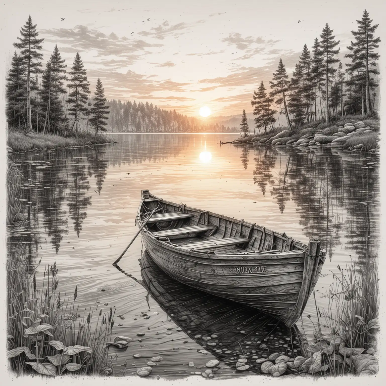 реалистичный рисунок максимально детализированный закат на берегу озера  в воде деревянная лодка, с элементами природы на белом фоне в стиле карандашной графики