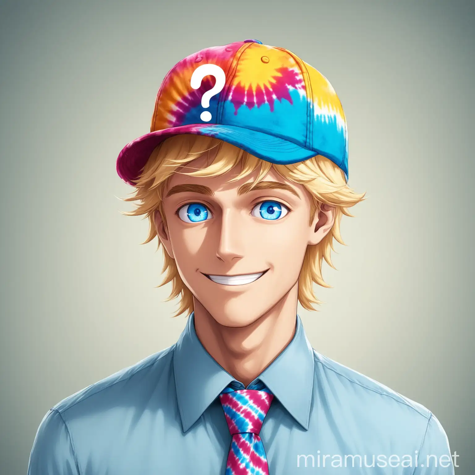 Smiling Blonde Man in TieDyed Cap with Question Mark