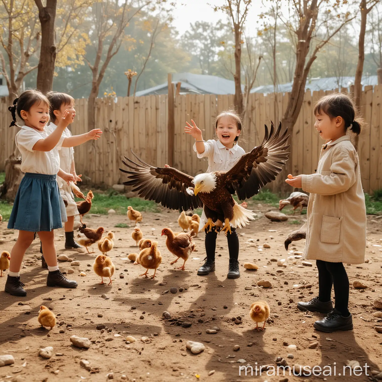 一群孩子在幼儿园快乐的玩耍，做老鹰捉小鸡的游戏
