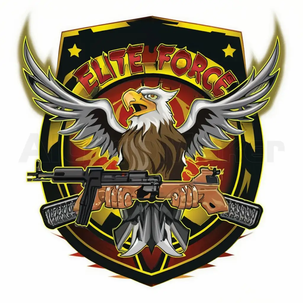 a logo design,with the text "Elite Force HLTF", main symbol:Fierce Eagle with AK47, Ribbons, Red Green Yellow Flag,complex,be used in army industry,clear background