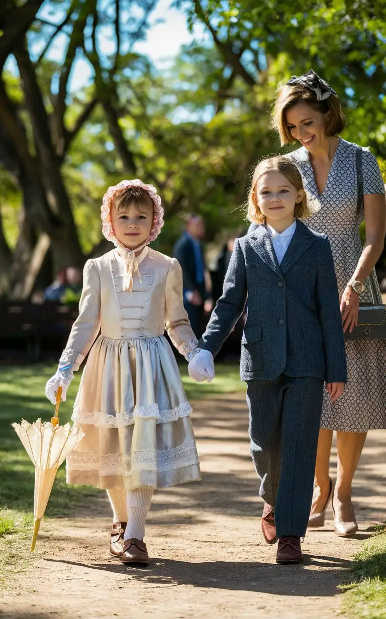 Gender role-reversal, Photograph of a mother taking her children for a walk in the park for a social experiment, the mother has dressed her young son, a boy age 7, up in a frilly white frock dress with a bonnet and gloves and he is holding a little sun parasol, and has dressed her young daughter, a girl age 8, in a grey blazer suit and trousers, walking through a park together on a sunny day, adorable, perfect children faces, perfect faces, clear faces, perfect eyes, perfect noses, smooth skin