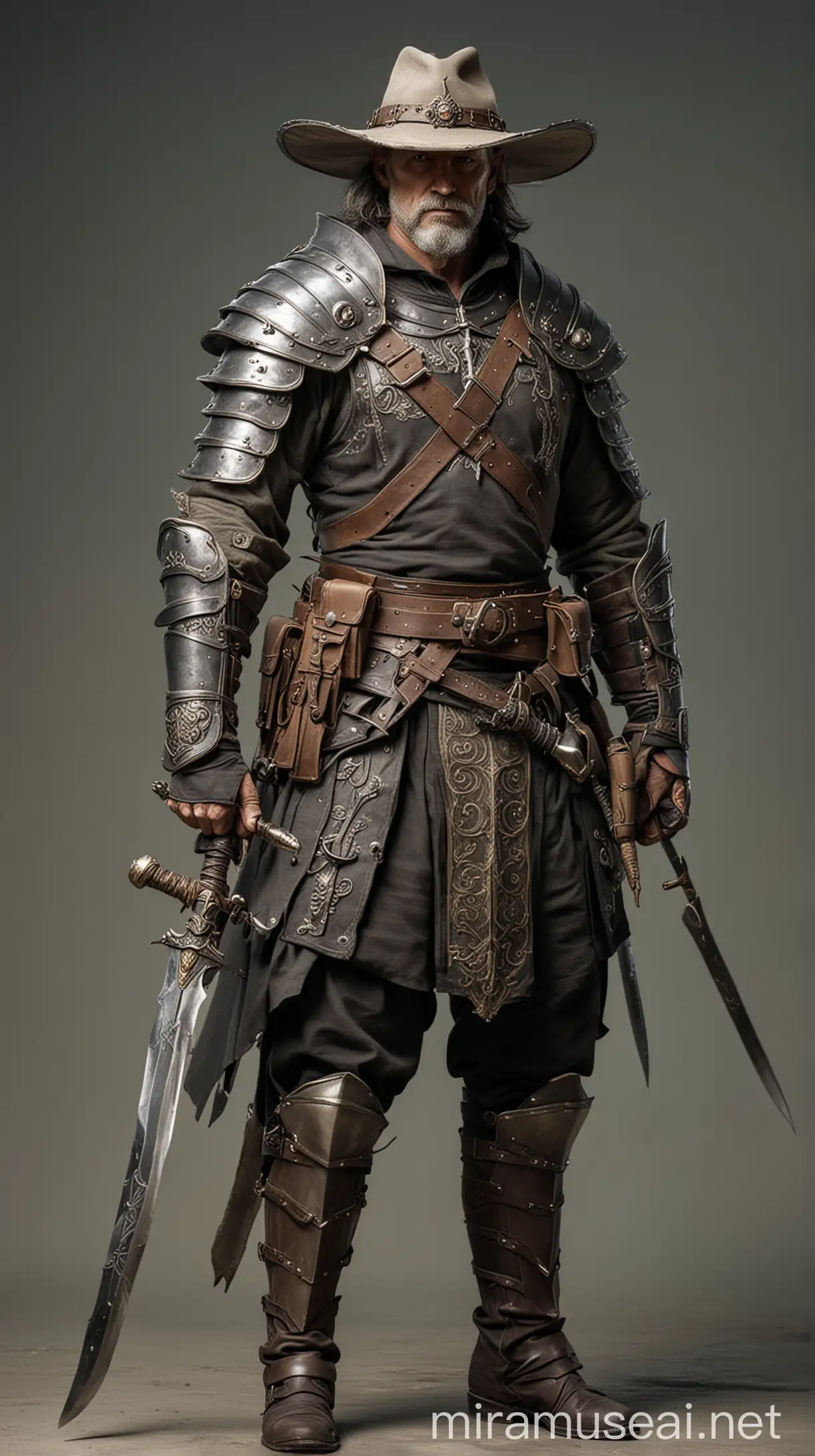 50 year old man with a hat and 2 swords and a light armor