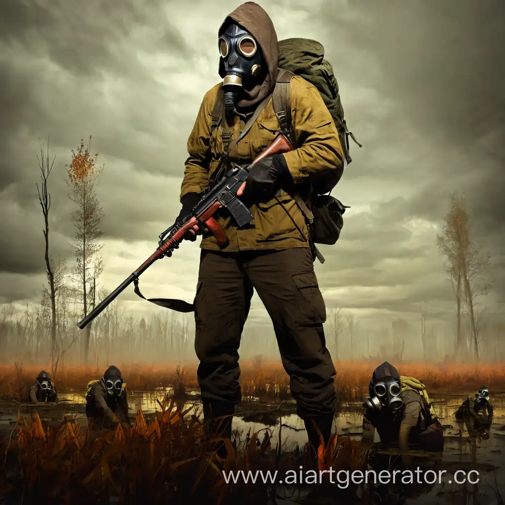 Stalker-Art-Gasmasked-Figure-in-Desolate-Autumn-Swamp