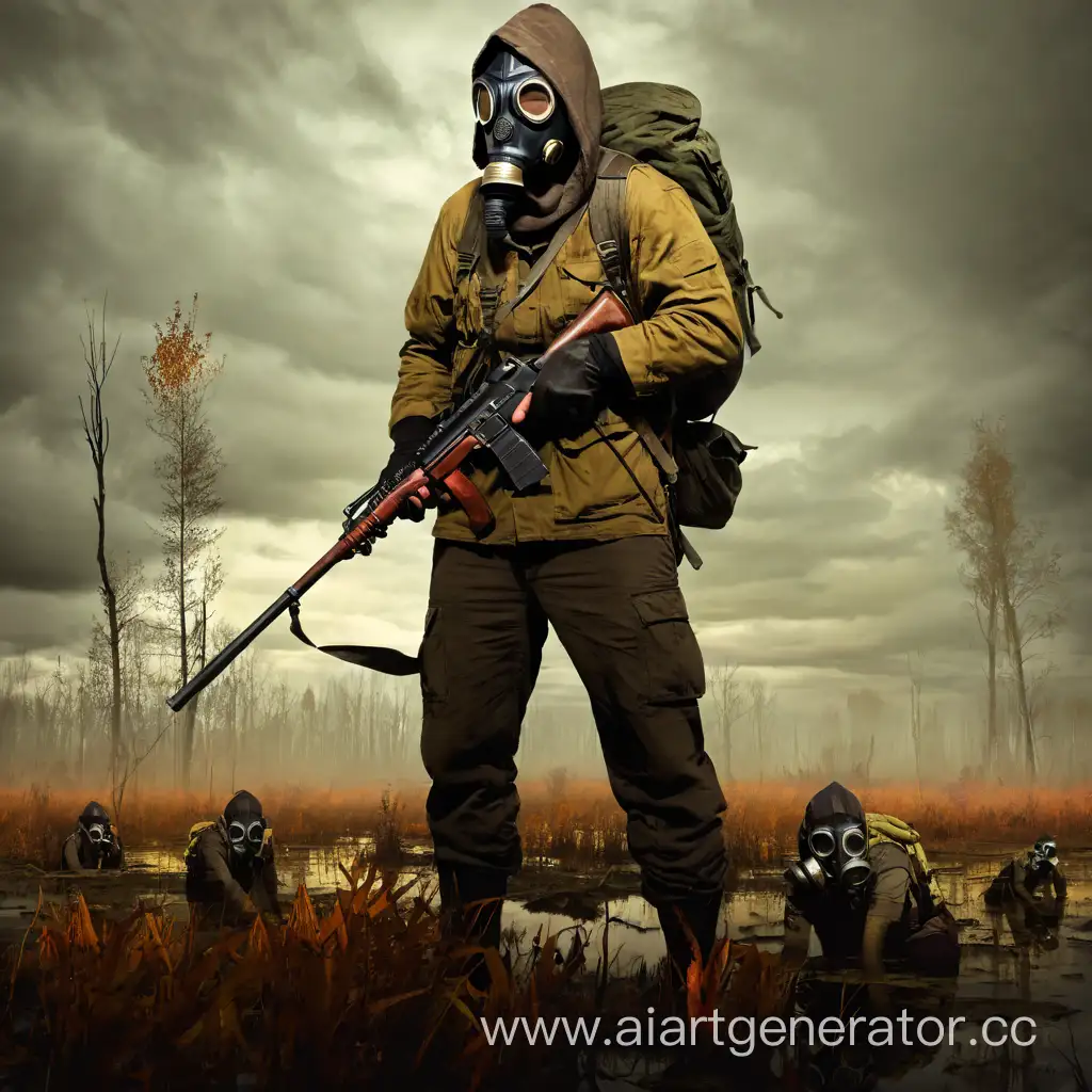 STALKER art, gasmask on the face, dead swamp, gloomy durty autumn atmosphere.