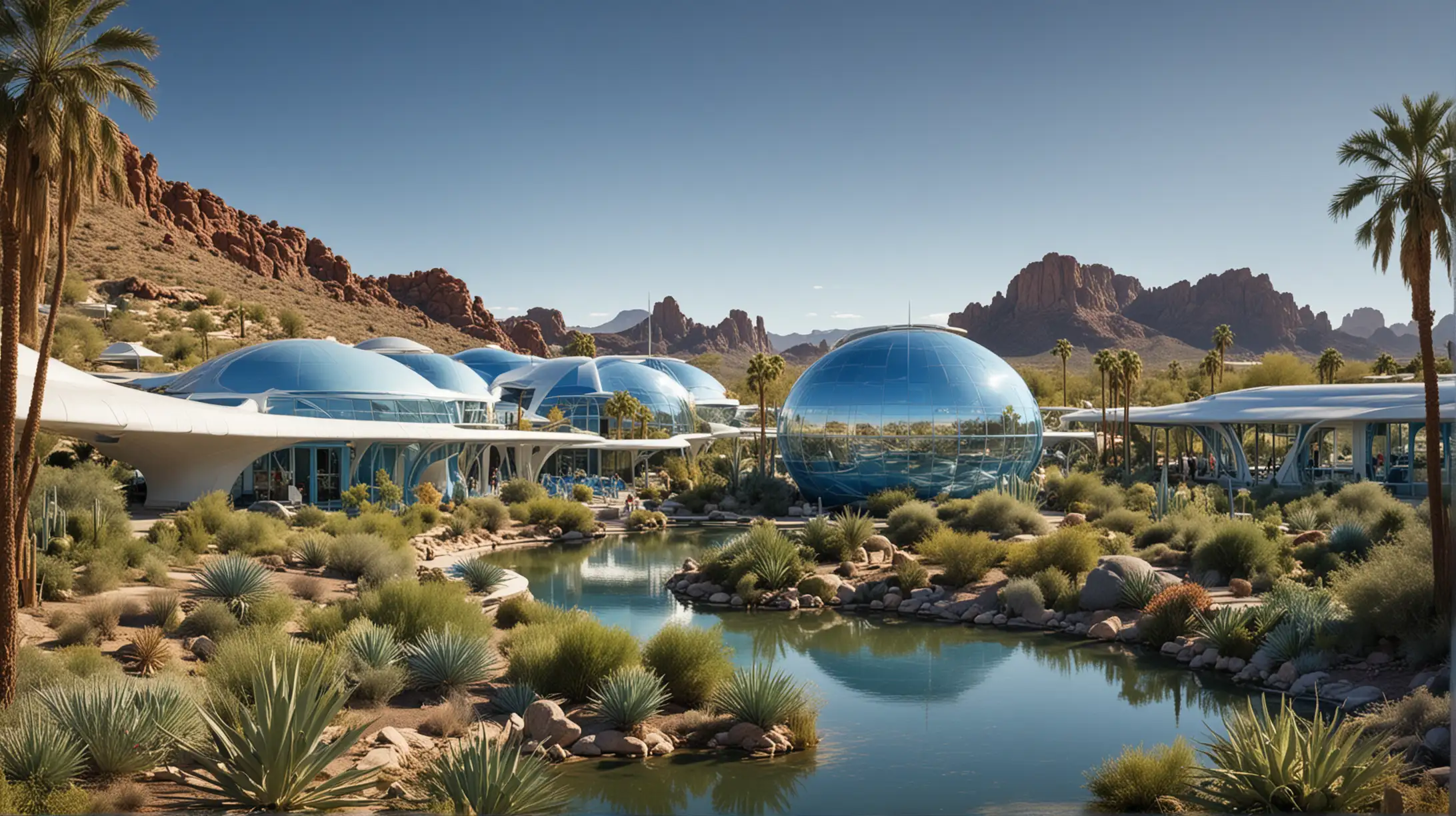 Futuristic Worlds Fair in Southern Arizona Landscape under Clear Blue Sky