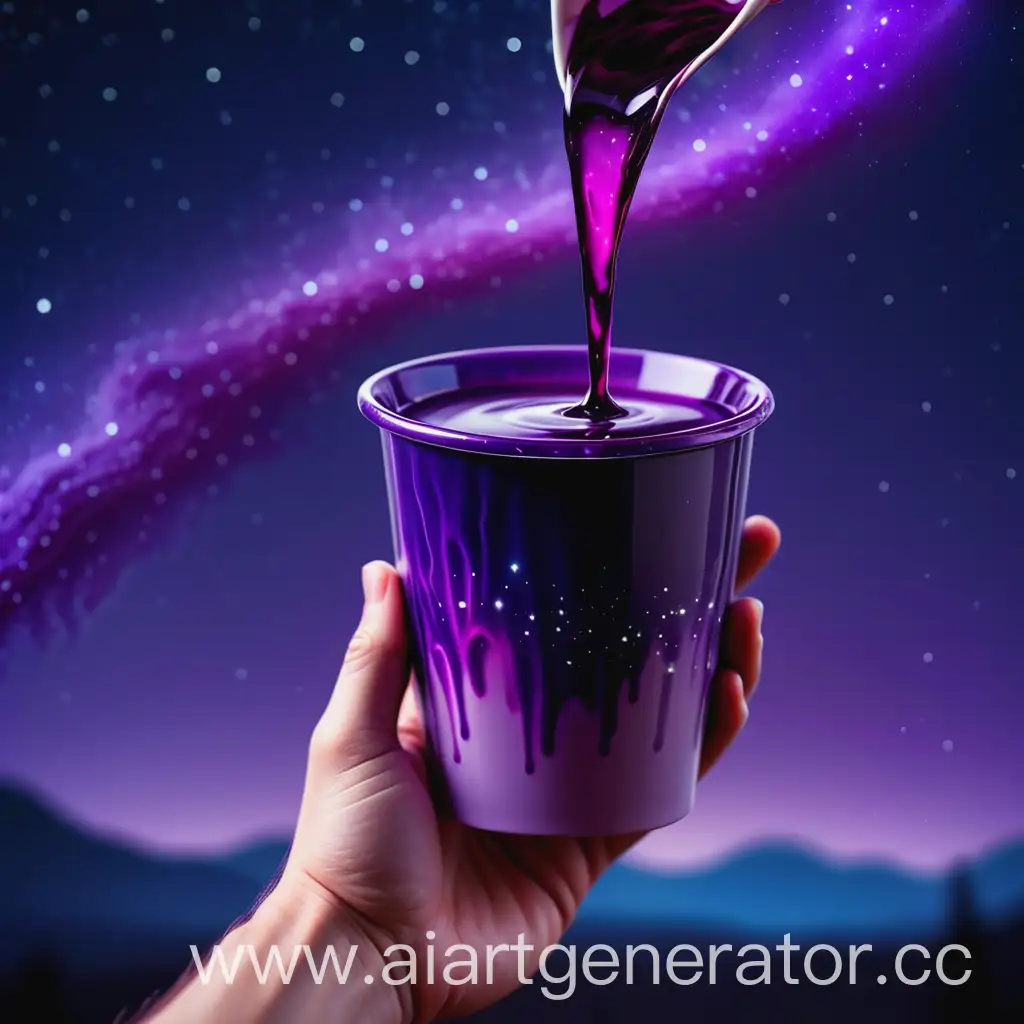 hand holding a cup purple liquid against the background of the starry sky 
