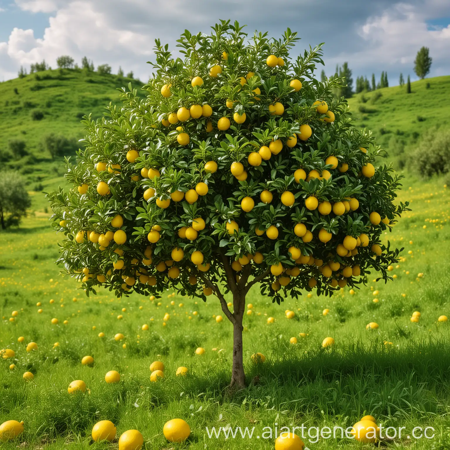 лимонное дерево стоит на холме по среди поля из ярко-зелёной травы у дерева пышная крона на которой растут яркие лимоны