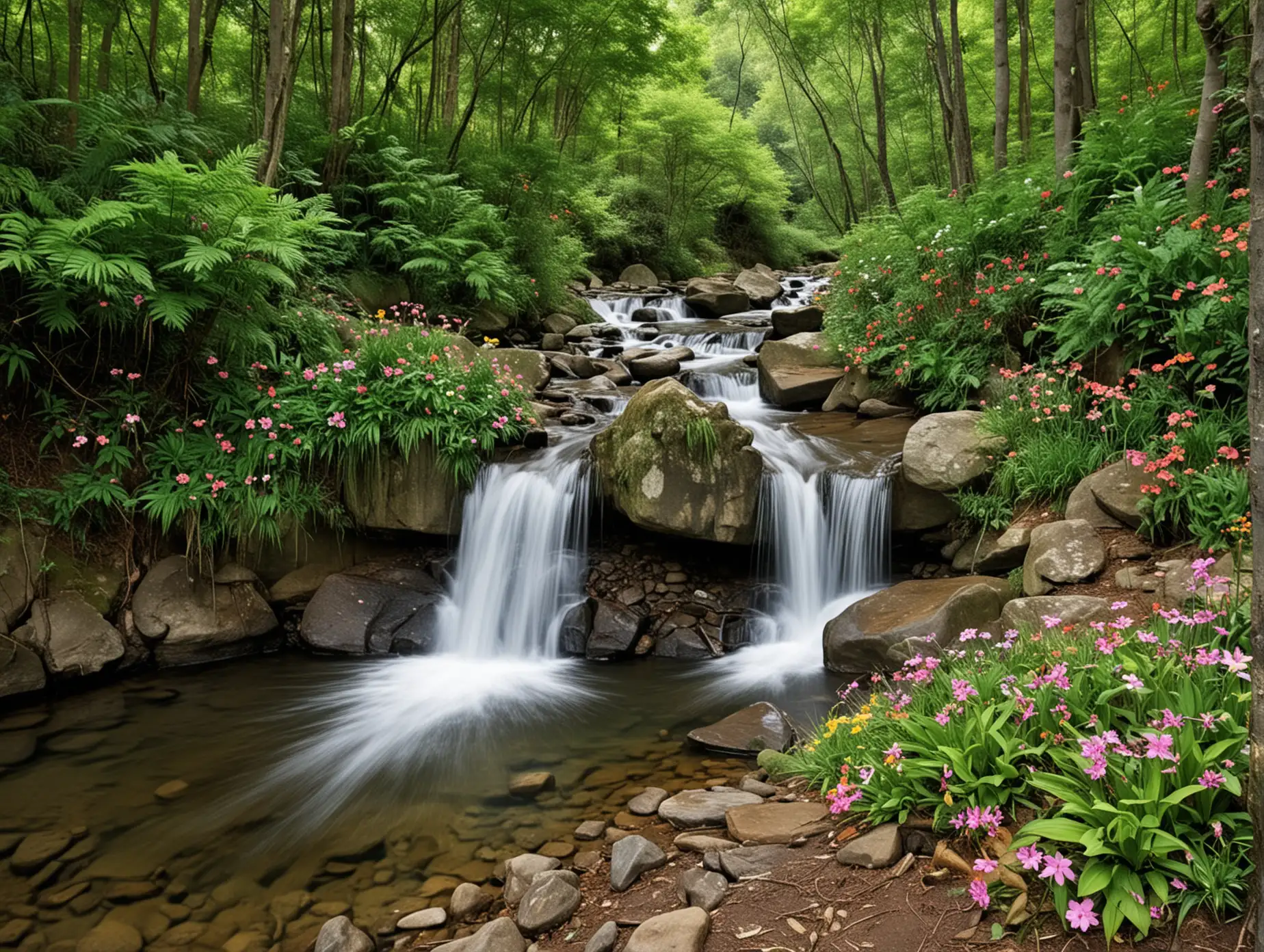 Tranquil-Forest-Waterfall-with-Flower-Accents