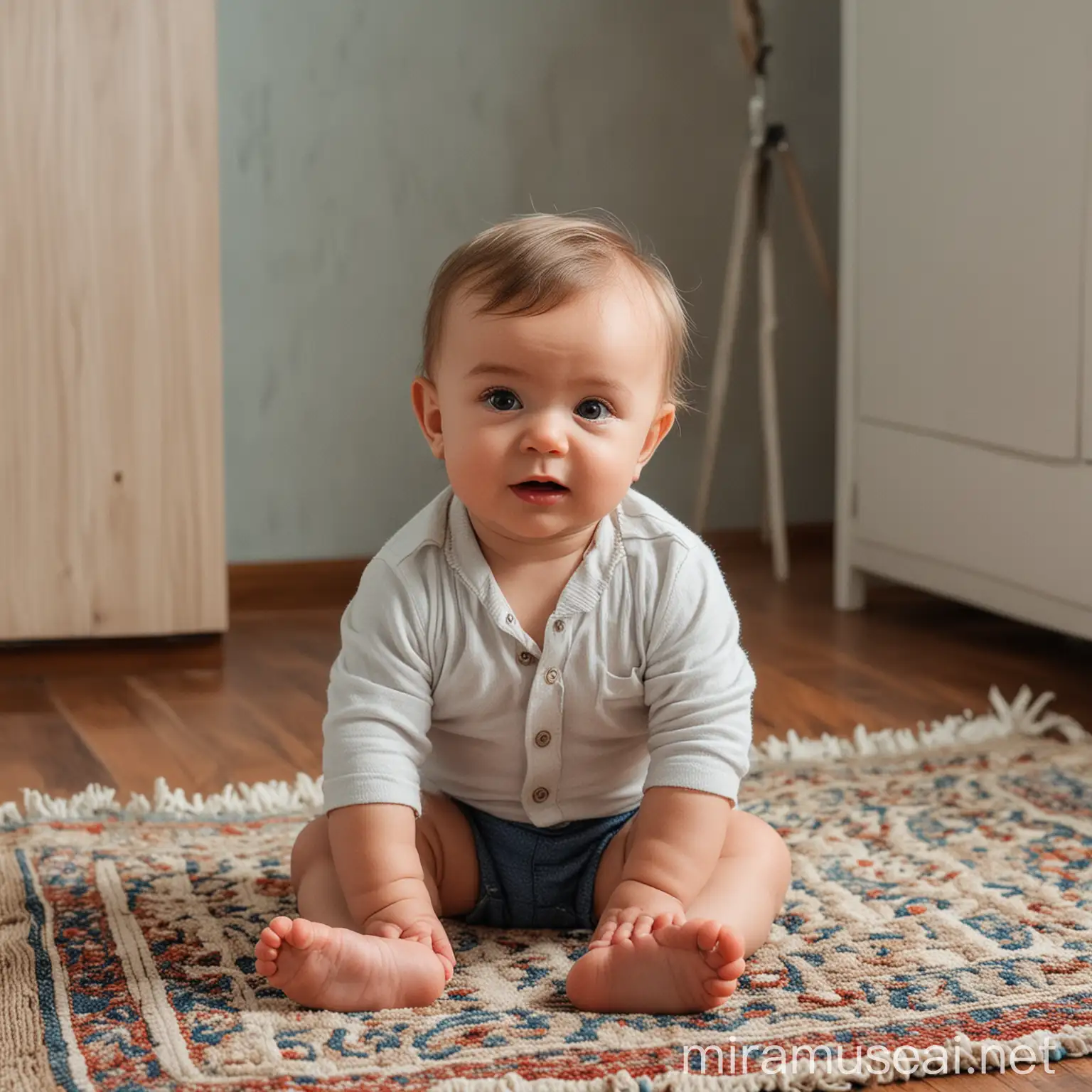 Adorable Baby Boy Sitting on Rug Portrait