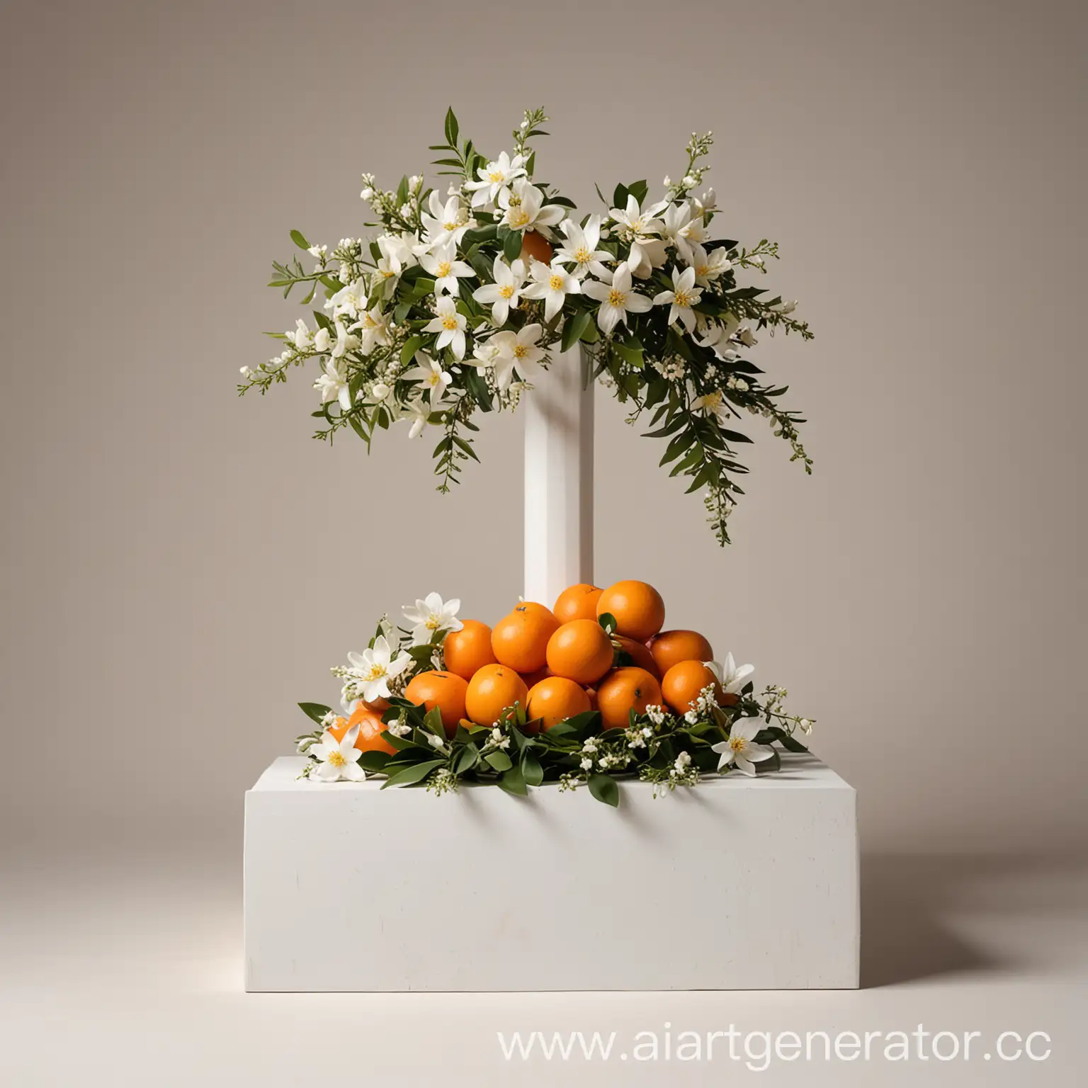 Minimalistic-Podium-with-White-Atlas-and-Neroli-Flowers-Displaying-Products