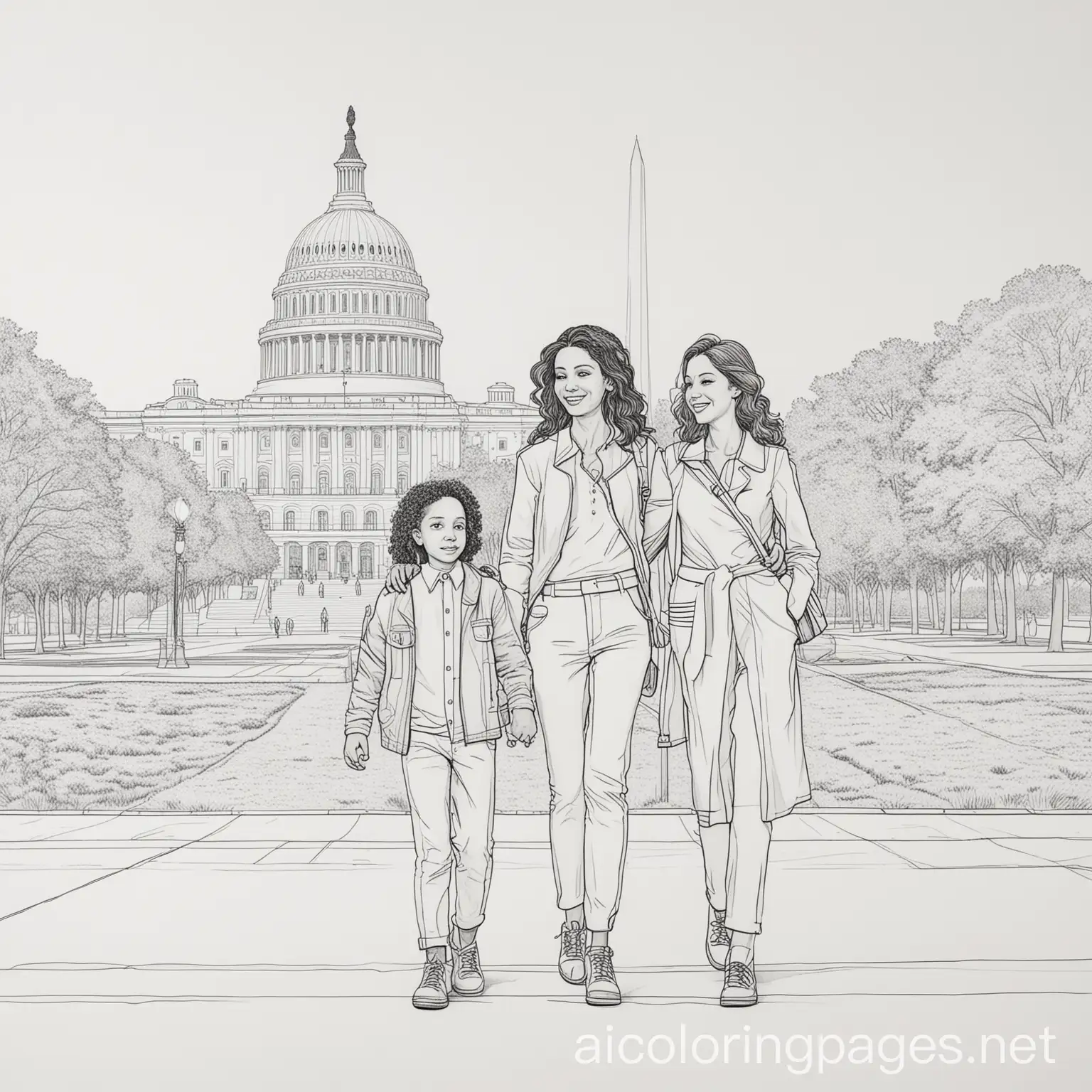 A family in Washington D.C, Coloring Page, black and white, line art, white background, Simplicity, Ample White Space. The background of the coloring page is plain white to make it easy for young children to color within the lines. The outlines of all the subjects are easy to distinguish, making it simple for kids to color without too much difficulty