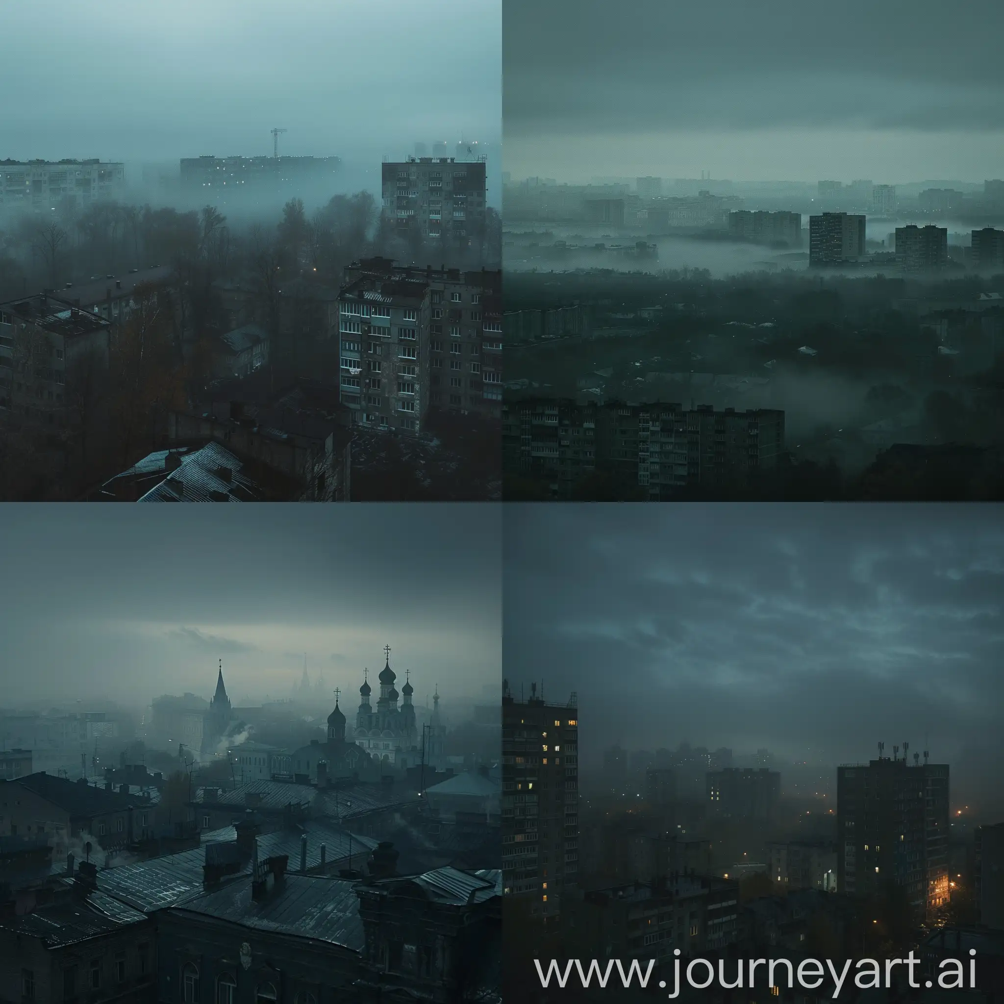 вид на темный мрачный туманный город россии