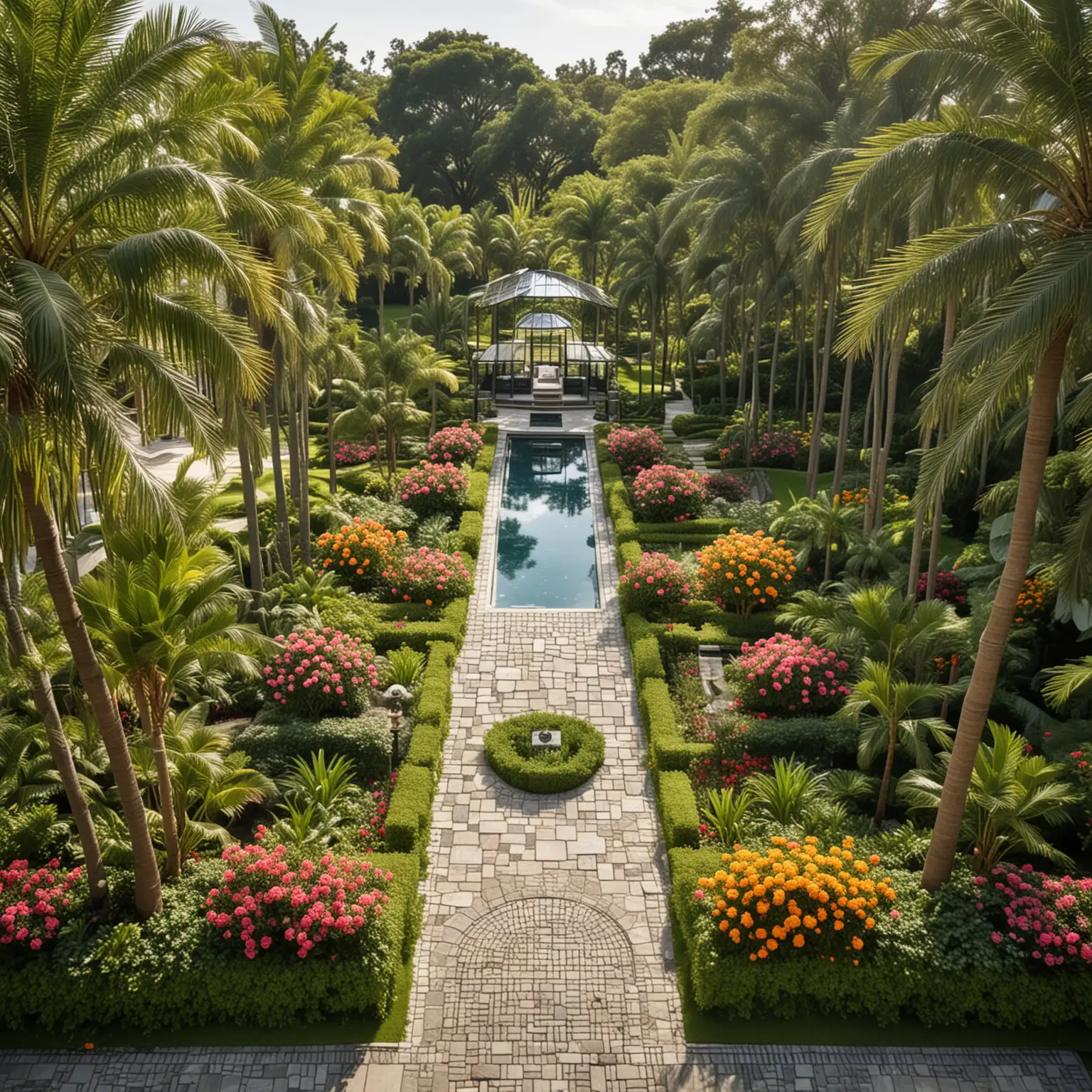 aRIEL shot of  a sprawling modern garden with a central axis leading to a large reflecting pool surrounded by manicured lawns and tall, tropical palm trees. Incorporate multiple zones, including a formal rose garden, a shaded bamboo grove, and an orchard of citrus trees. The garden features wide stone pathways and a grand wrought iron gate at the entrance. Adjacent to the garden is a luxurious container mansion with expansive glass walls, allowing for uninterrupted views of the landscape. The scene is set on a sunny spring afternoon, with vibrant floral colors and lush greenery enhanced by strategically placed solar-powered lighting.
