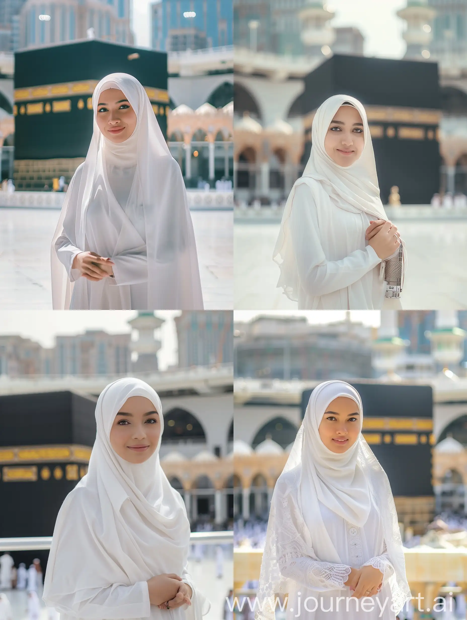 Fotografi sinematik. Wanita cantik hijab Indonesia mengenakan mukenah tertutup putih muslim.wanita itu berada di Arab Saudi.Fokus fokus berdiri.dibelakangnya terdapat Kakbah. Badan menghadap kedepan. Tersenyum. 
