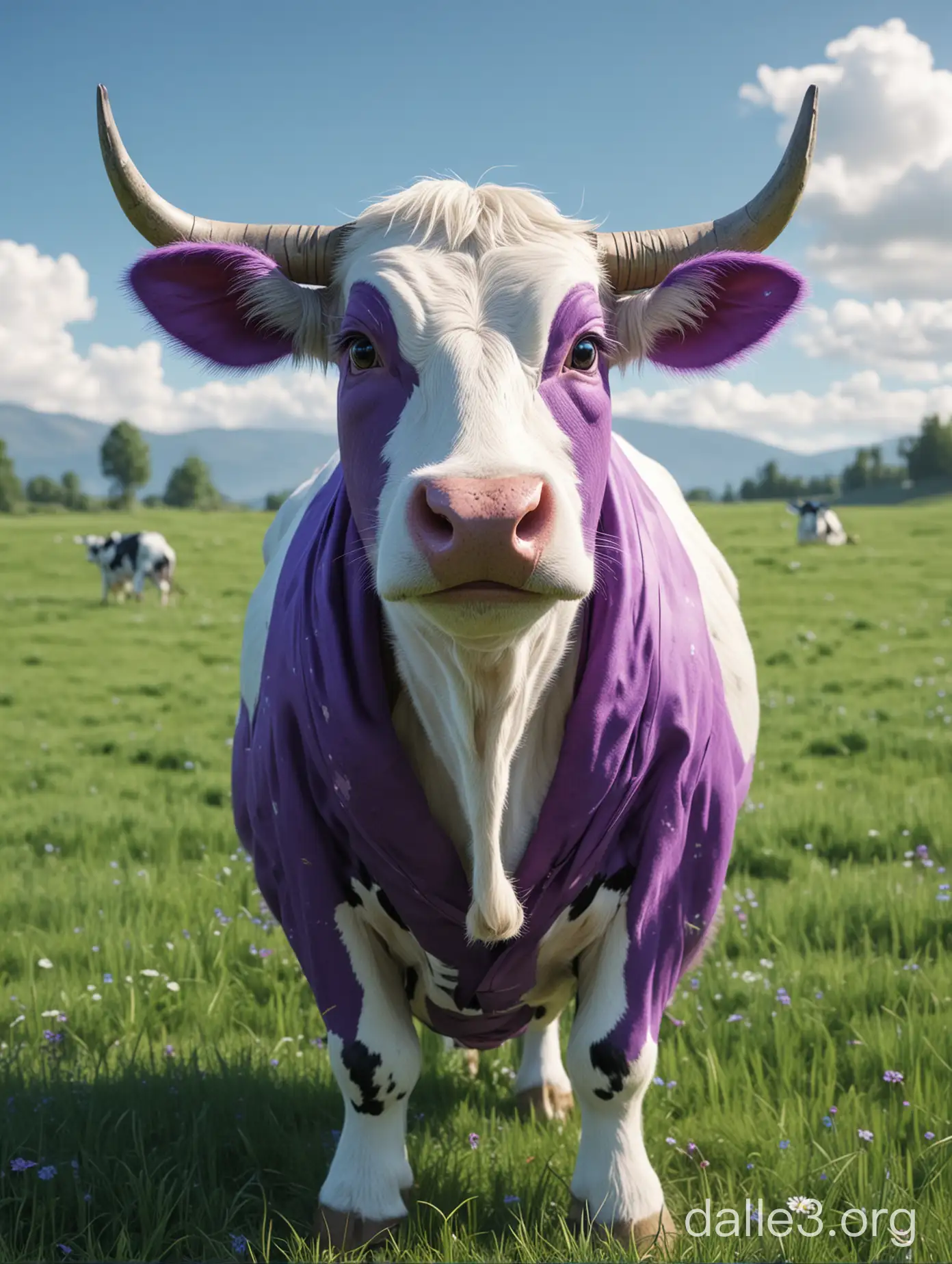 an animal cow in the style of whis from dragonball z, cinematic, grassy field backgroujnd, light blue, white, purple