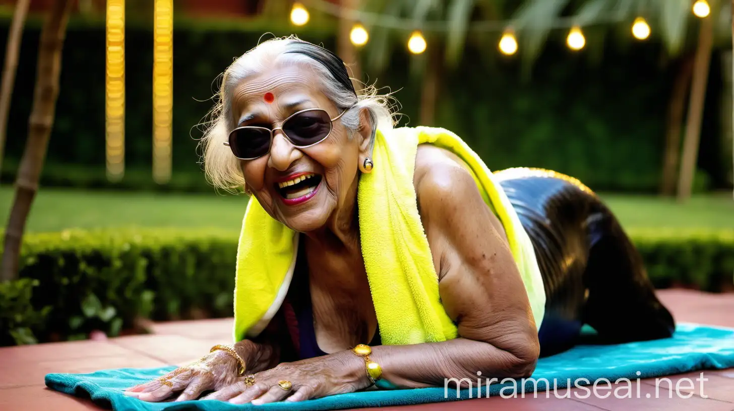 a indian fat mature beautiful woman age 89 years old  with make up and wet with sweat and wearing a black sunglasses on eyes. she is happy and laughing and doing planks workout . she is wearing a  neon lemon color  velvet bath towel and gold ornaments on her body . it evening time in a luxurious garden court yard and a lots of lights are there  . on floor juice glass and fruits are there . a big black dog is sitting near her .