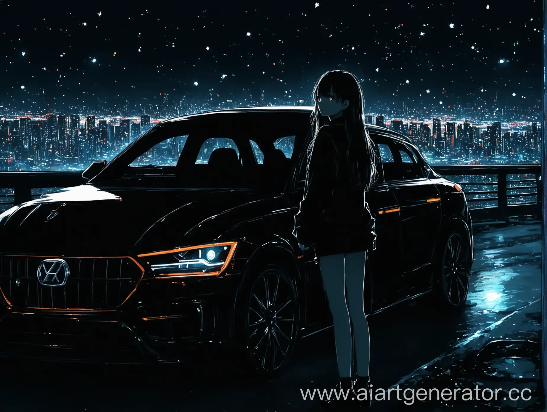 City-Lights-Illuminating-Girl-Next-to-Car-at-Night