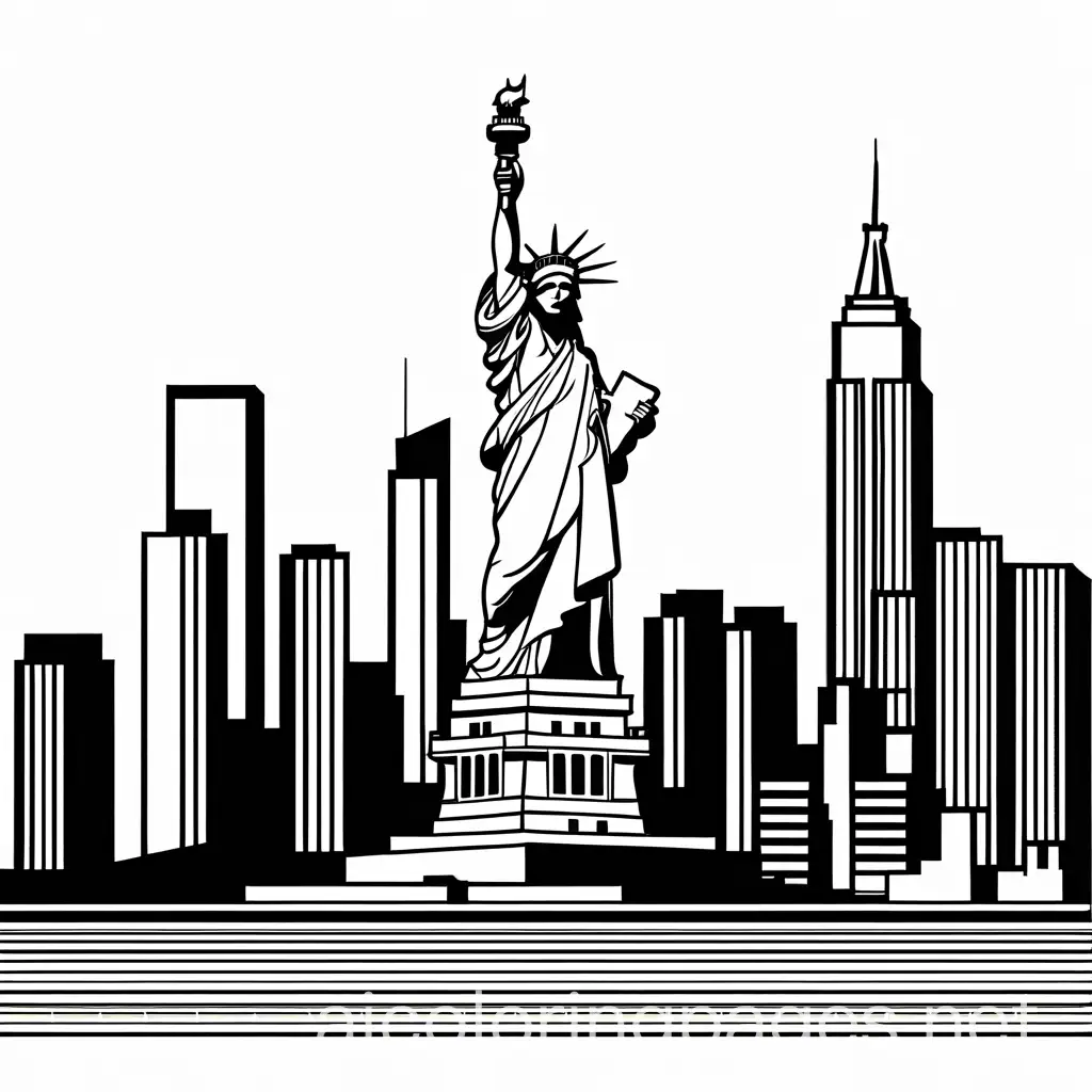 cartoon A simple outline of the Statue of Liberty with large, easy-to-color sections. The background shows a few simple skyscrapers to represent the New York City skyline., Coloring Page, black and white, line art, white background, Simplicity, Ample White Space