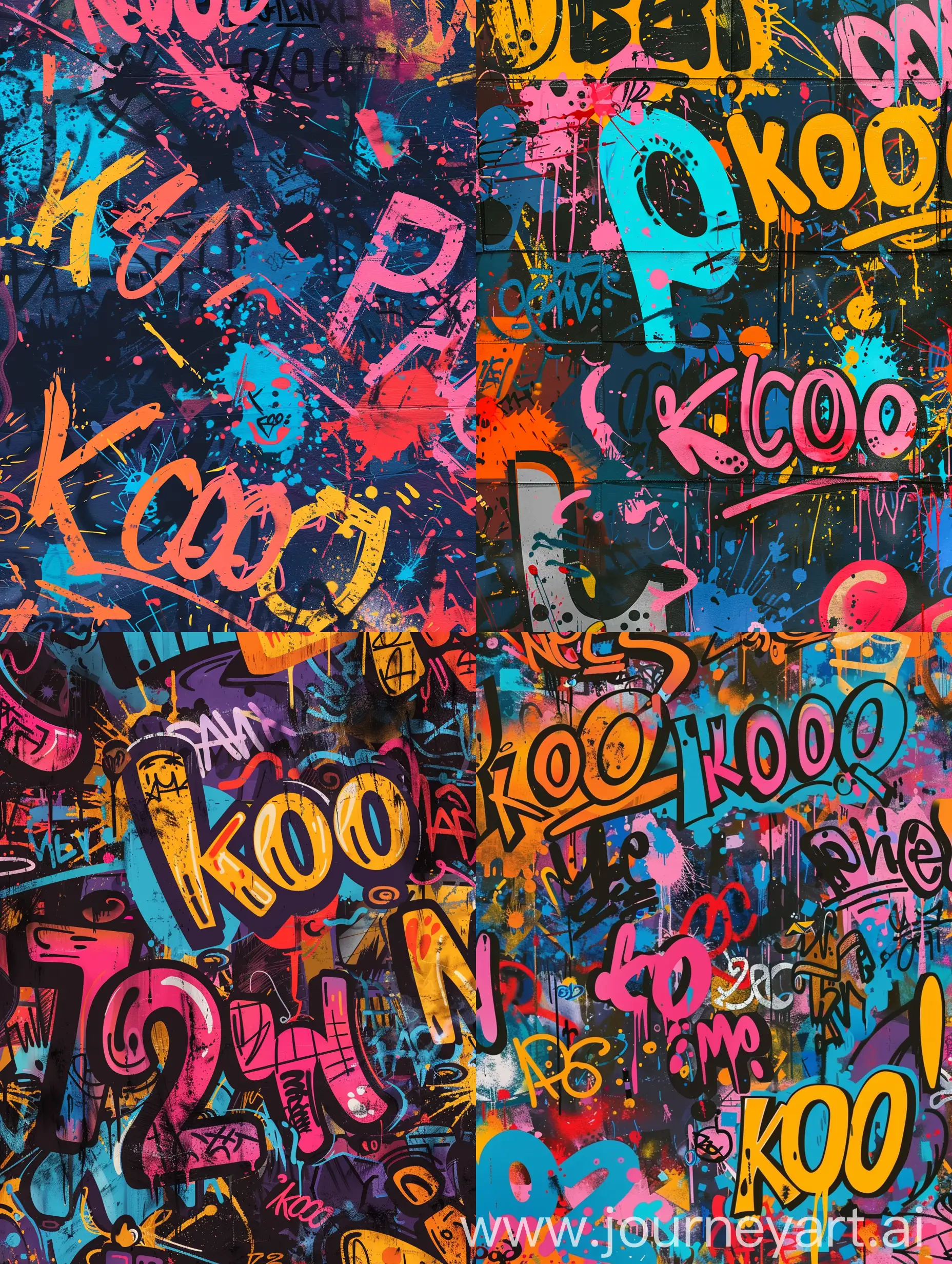 flat illustration graffiti on cava:2, illustration of Andy warhol, box,  graffiti, traditional vibrant, Andy warhol:2, pop art, urban, detailed, tag, background full of dark paint splash and graffiti text, random sized graffiti text all over typography:2, urban, canva texture, text saying "kooo"