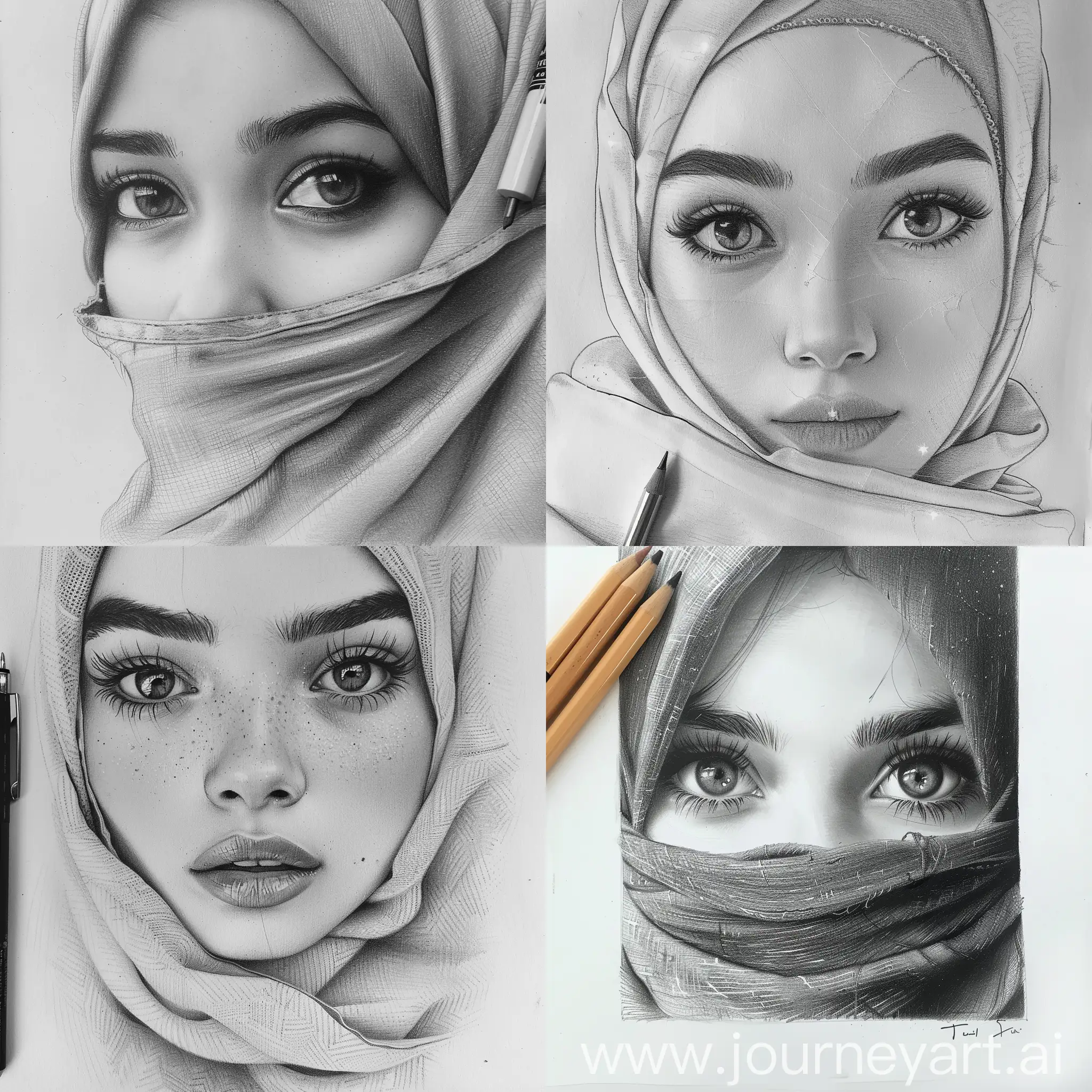 menggambar lukisan pensil remaja wanita hijab yang lucu.sangat detail