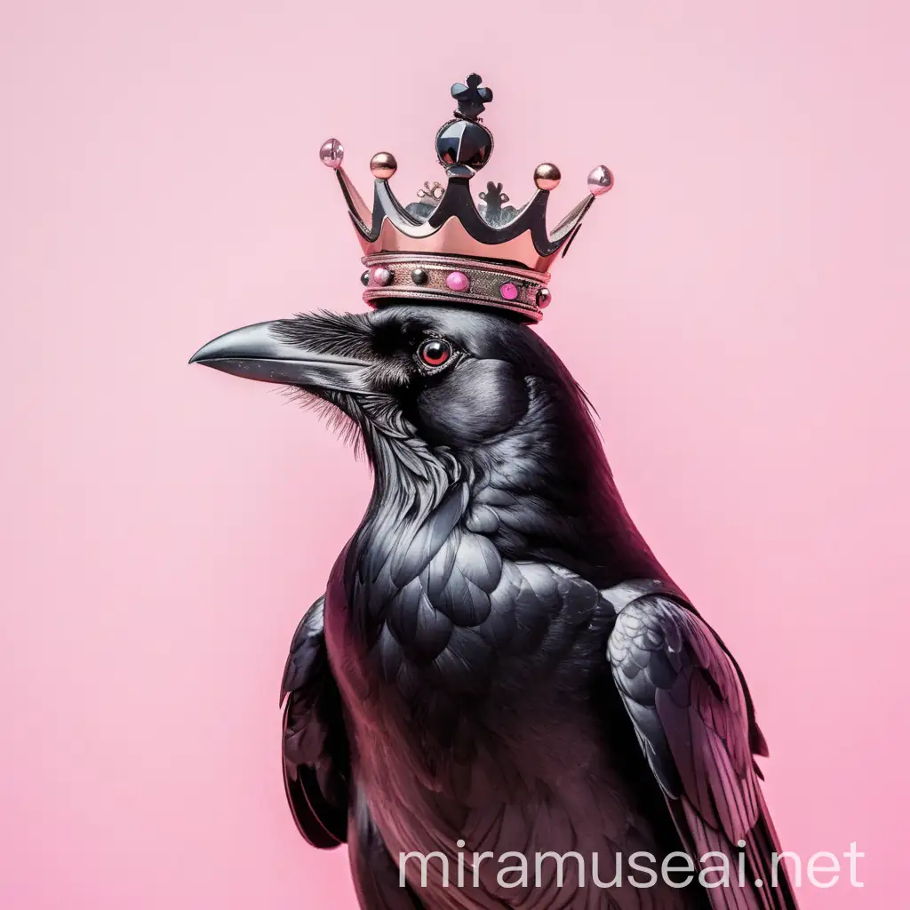 A crow, a small crown on its head, pink background